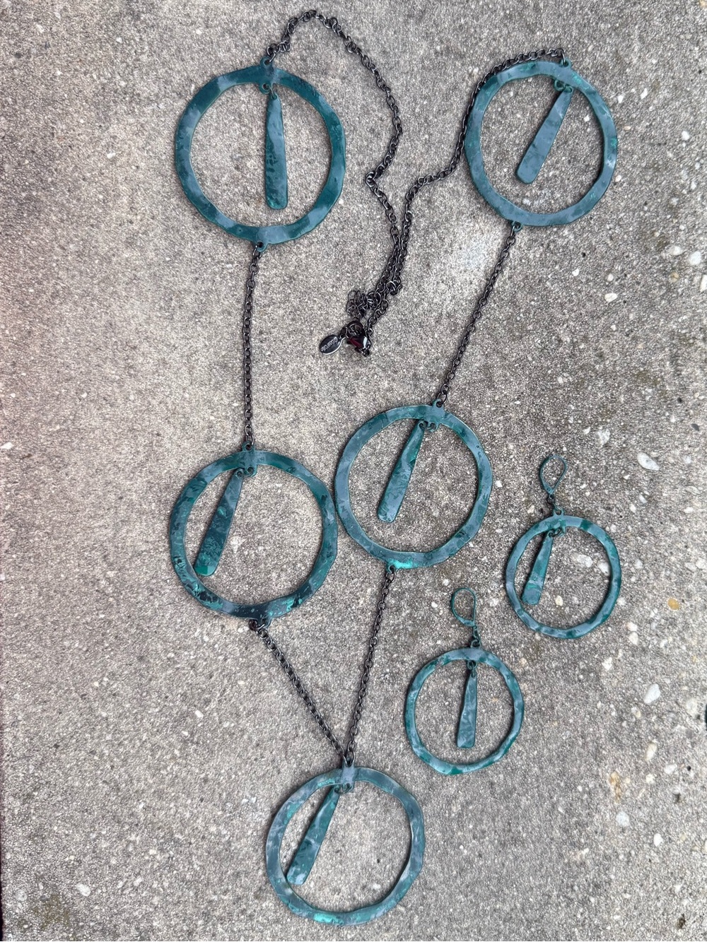 Long Patina Open Circle Pendant Necklace & Earring Set - Picture 2 of 5
